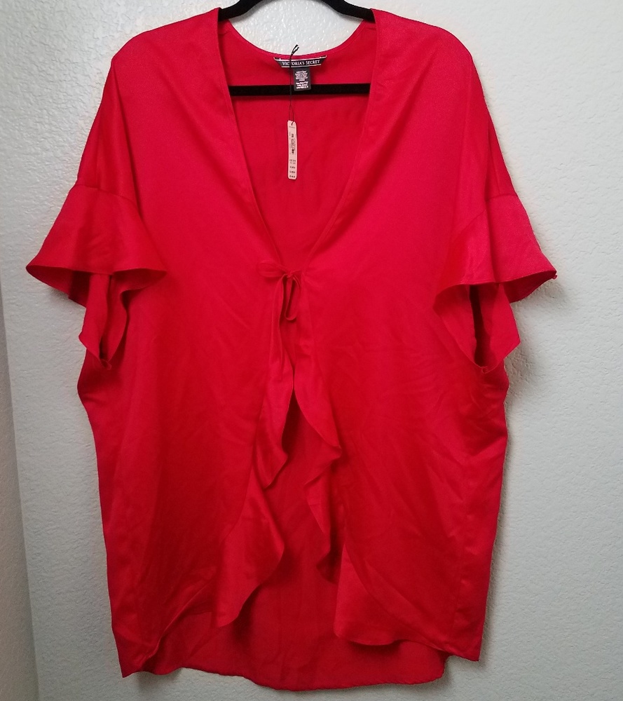 VS Victoria's Secret Red Satin Flutter Sleeve Robe